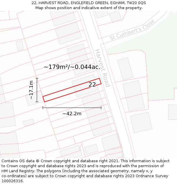 22, HARVEST ROAD, ENGLEFIELD GREEN, EGHAM, TW20 0QS: Plot and title map