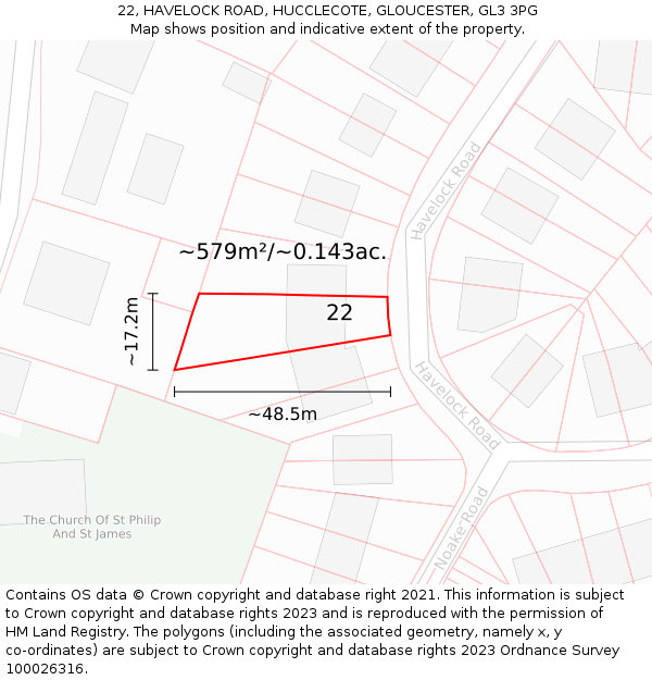 22, HAVELOCK ROAD, HUCCLECOTE, GLOUCESTER, GL3 3PG: Plot and title map