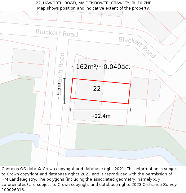 22, HAWORTH ROAD, MAIDENBOWER, CRAWLEY, RH10 7NF: Plot and title map