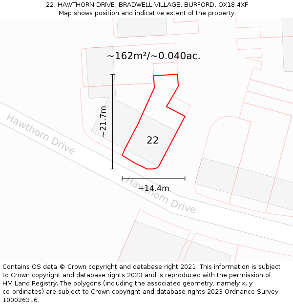 22, HAWTHORN DRIVE, BRADWELL VILLAGE, BURFORD, OX18 4XF: Plot and title map