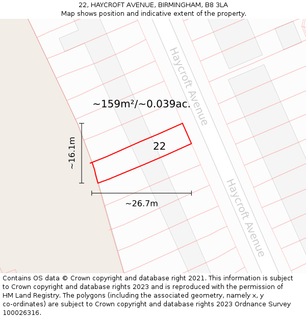 22, HAYCROFT AVENUE, BIRMINGHAM, B8 3LA: Plot and title map