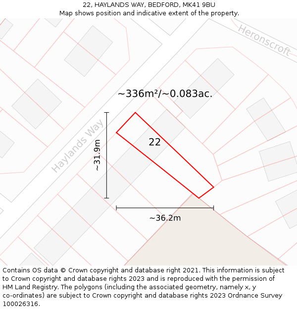 22, HAYLANDS WAY, BEDFORD, MK41 9BU: Plot and title map