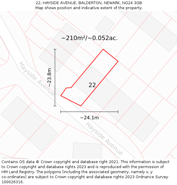 22, HAYSIDE AVENUE, BALDERTON, NEWARK, NG24 3GB: Plot and title map