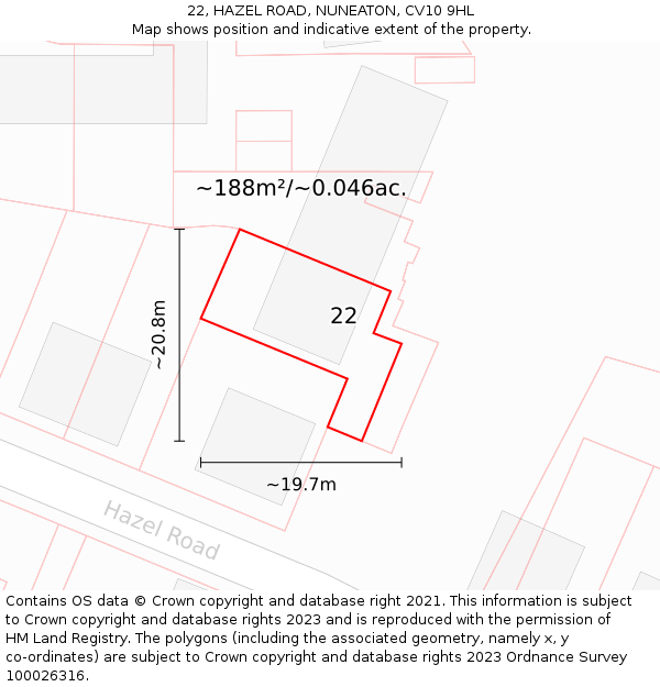 22, HAZEL ROAD, NUNEATON, CV10 9HL: Plot and title map