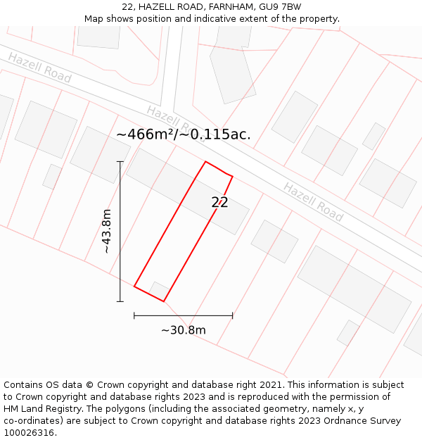 22, HAZELL ROAD, FARNHAM, GU9 7BW: Plot and title map