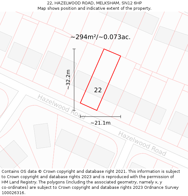 22, HAZELWOOD ROAD, MELKSHAM, SN12 6HP: Plot and title map