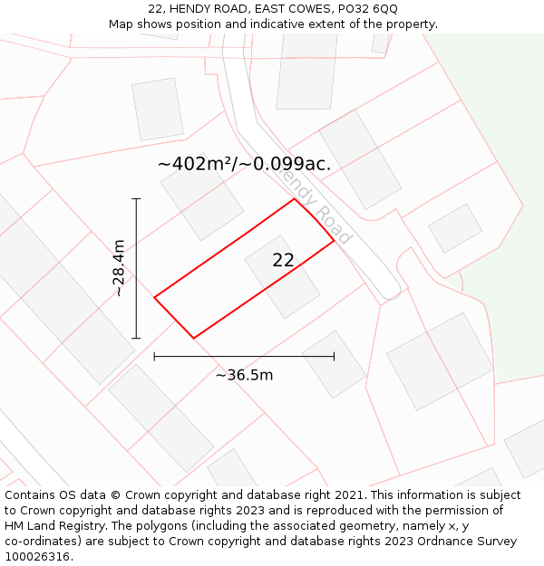 22, HENDY ROAD, EAST COWES, PO32 6QQ: Plot and title map