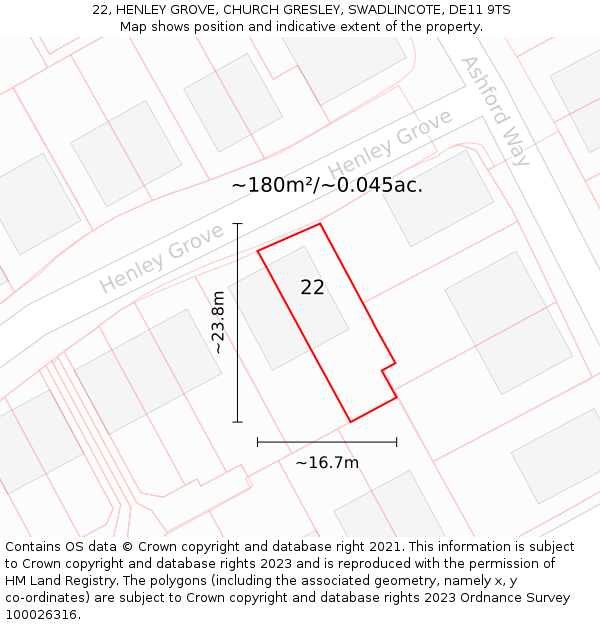 22, HENLEY GROVE, CHURCH GRESLEY, SWADLINCOTE, DE11 9TS: Plot and title map