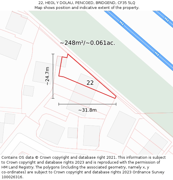 22, HEOL Y DOLAU, PENCOED, BRIDGEND, CF35 5LQ: Plot and title map