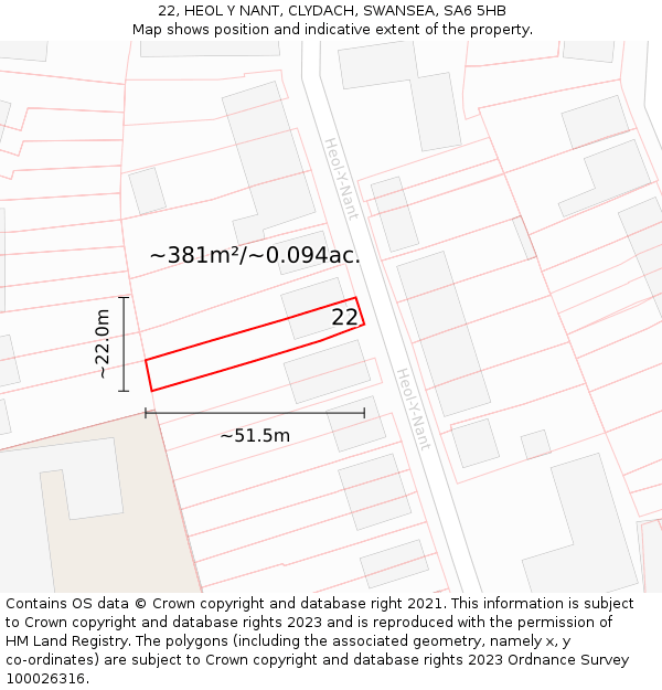 22, HEOL Y NANT, CLYDACH, SWANSEA, SA6 5HB: Plot and title map