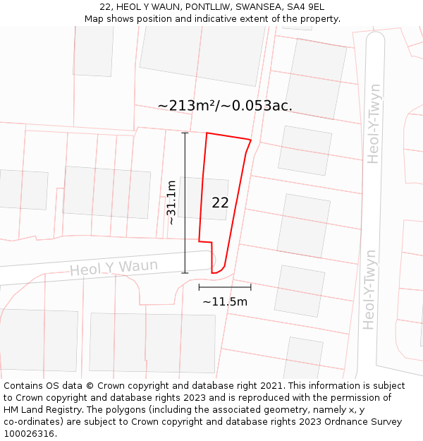 22, HEOL Y WAUN, PONTLLIW, SWANSEA, SA4 9EL: Plot and title map