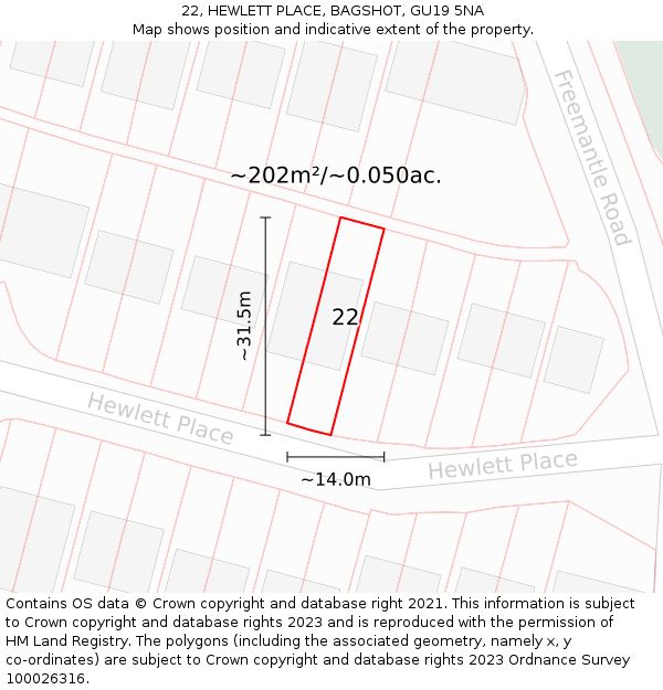 22, HEWLETT PLACE, BAGSHOT, GU19 5NA: Plot and title map