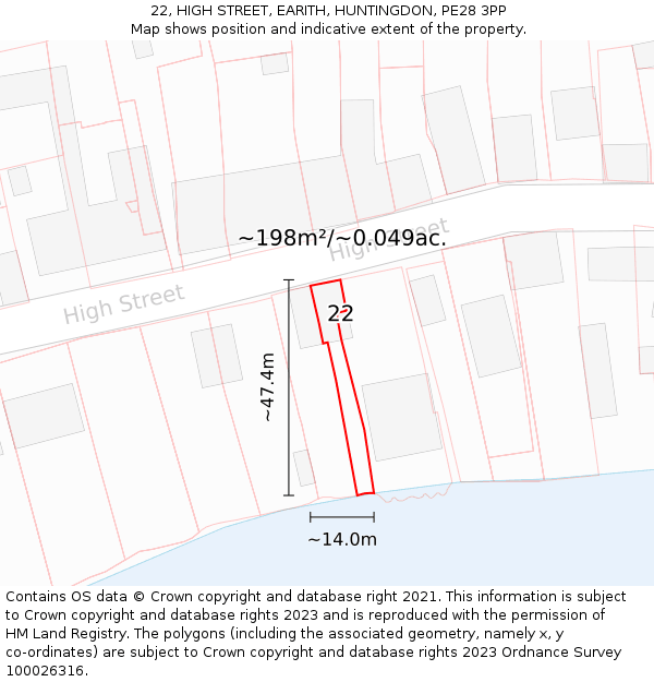 22, HIGH STREET, EARITH, HUNTINGDON, PE28 3PP: Plot and title map