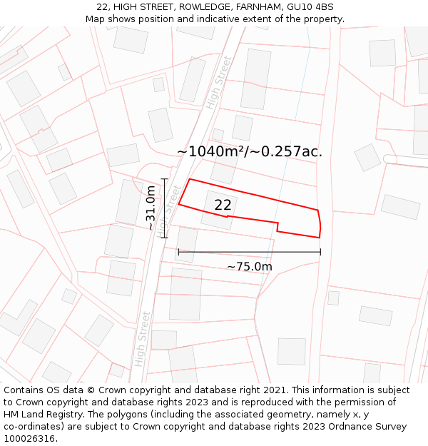 22, HIGH STREET, ROWLEDGE, FARNHAM, GU10 4BS: Plot and title map