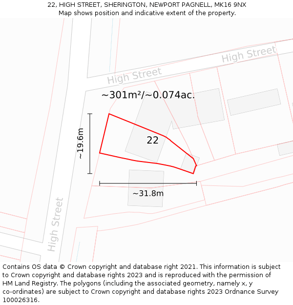 22, HIGH STREET, SHERINGTON, NEWPORT PAGNELL, MK16 9NX: Plot and title map