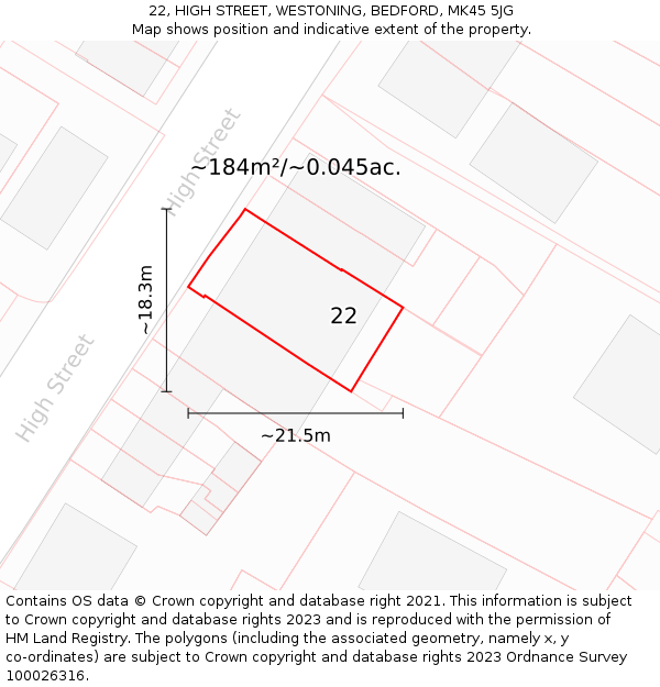 22, HIGH STREET, WESTONING, BEDFORD, MK45 5JG: Plot and title map