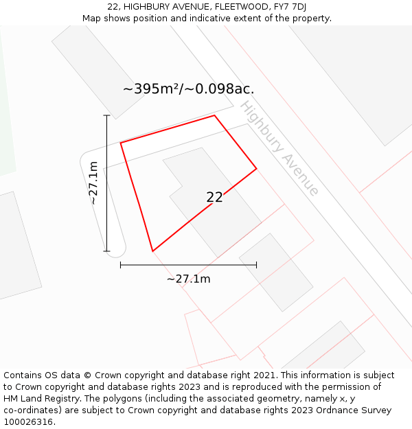 22, HIGHBURY AVENUE, FLEETWOOD, FY7 7DJ: Plot and title map