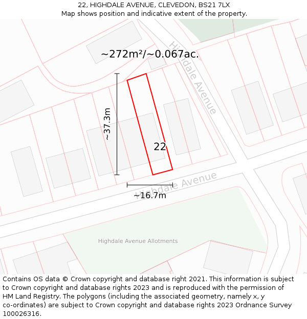 22, HIGHDALE AVENUE, CLEVEDON, BS21 7LX: Plot and title map