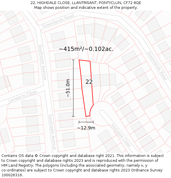 22, HIGHDALE CLOSE, LLANTRISANT, PONTYCLUN, CF72 8QE: Plot and title map