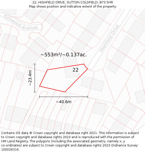 22, HIGHFIELD DRIVE, SUTTON COLDFIELD, B73 5HR: Plot and title map