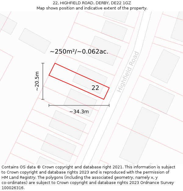 22, HIGHFIELD ROAD, DERBY, DE22 1GZ: Plot and title map