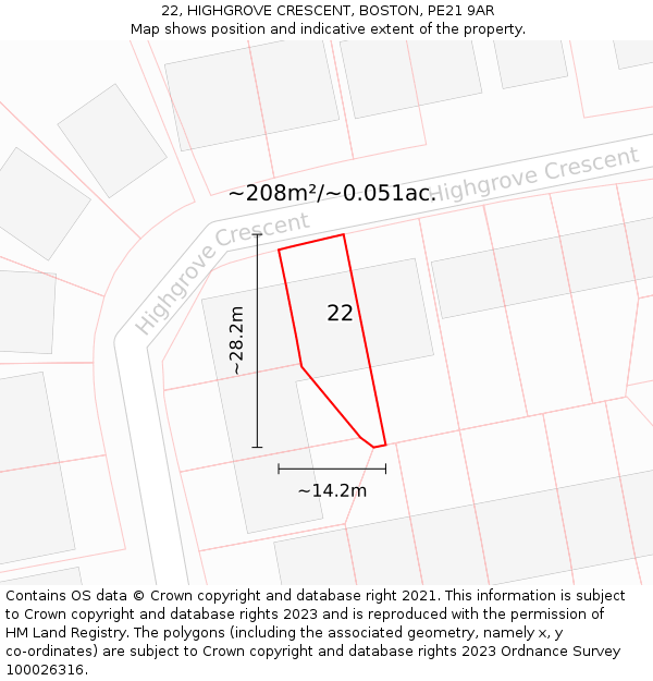 22, HIGHGROVE CRESCENT, BOSTON, PE21 9AR: Plot and title map