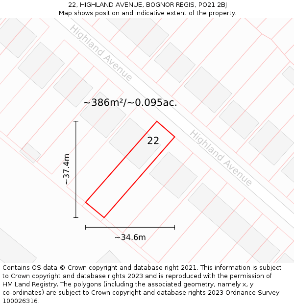 22, HIGHLAND AVENUE, BOGNOR REGIS, PO21 2BJ: Plot and title map