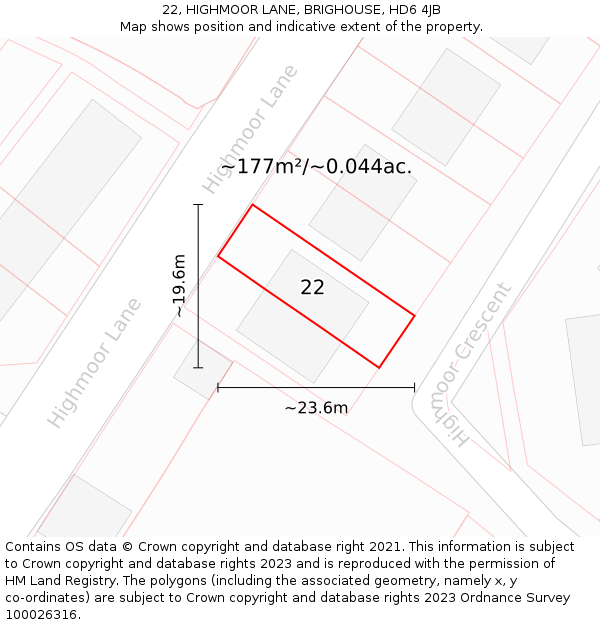 22, HIGHMOOR LANE, BRIGHOUSE, HD6 4JB: Plot and title map