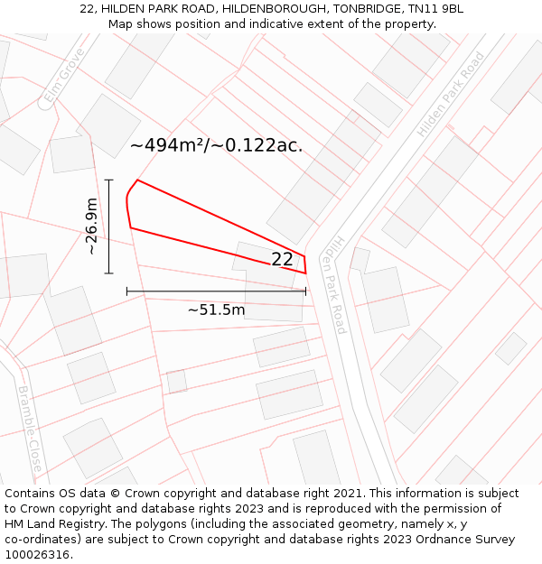 22, HILDEN PARK ROAD, HILDENBOROUGH, TONBRIDGE, TN11 9BL: Plot and title map