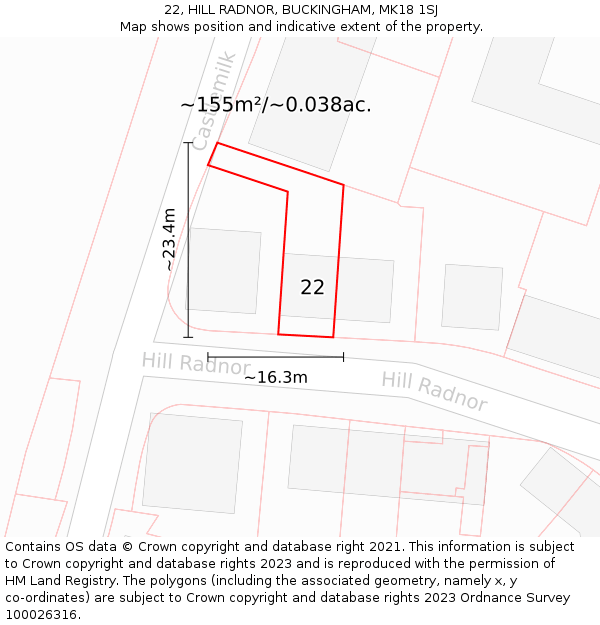 22, HILL RADNOR, BUCKINGHAM, MK18 1SJ: Plot and title map