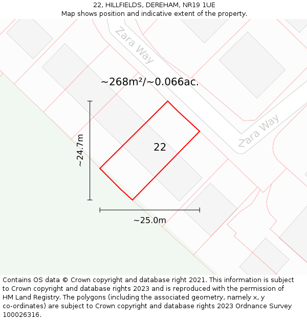 22, HILLFIELDS, DEREHAM, NR19 1UE: Plot and title map