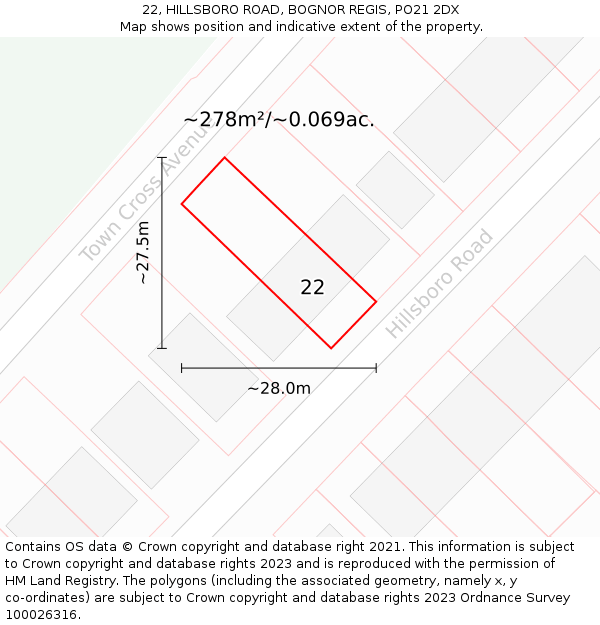 22, HILLSBORO ROAD, BOGNOR REGIS, PO21 2DX: Plot and title map