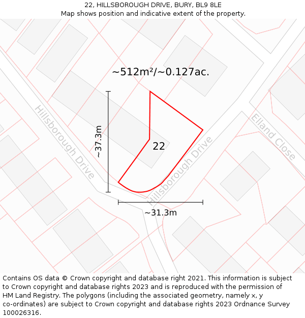 22, HILLSBOROUGH DRIVE, BURY, BL9 8LE: Plot and title map