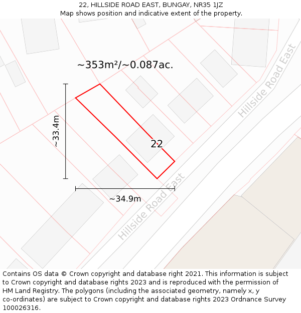 22, HILLSIDE ROAD EAST, BUNGAY, NR35 1JZ: Plot and title map