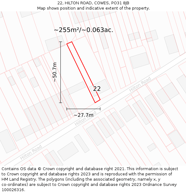 22, HILTON ROAD, COWES, PO31 8JB: Plot and title map