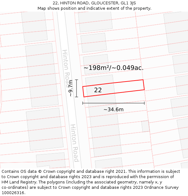 22, HINTON ROAD, GLOUCESTER, GL1 3JS: Plot and title map