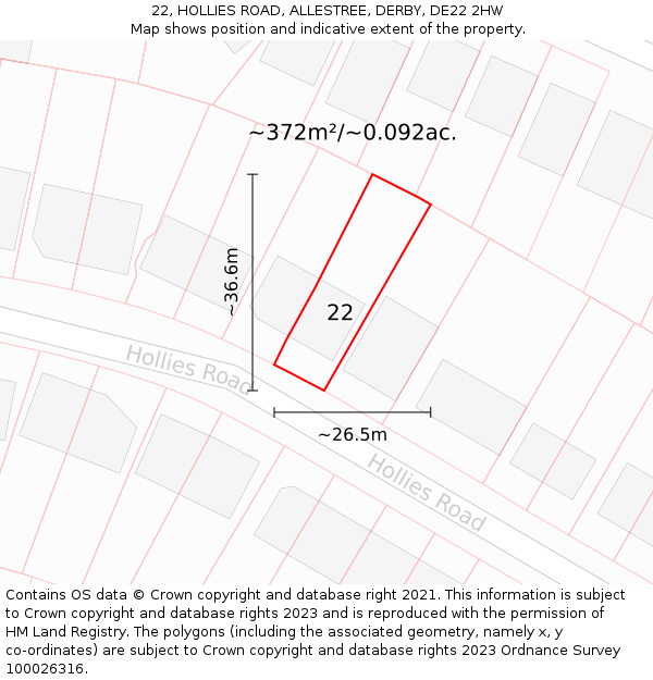 22, HOLLIES ROAD, ALLESTREE, DERBY, DE22 2HW: Plot and title map