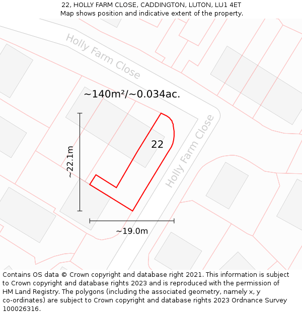 22, HOLLY FARM CLOSE, CADDINGTON, LUTON, LU1 4ET: Plot and title map