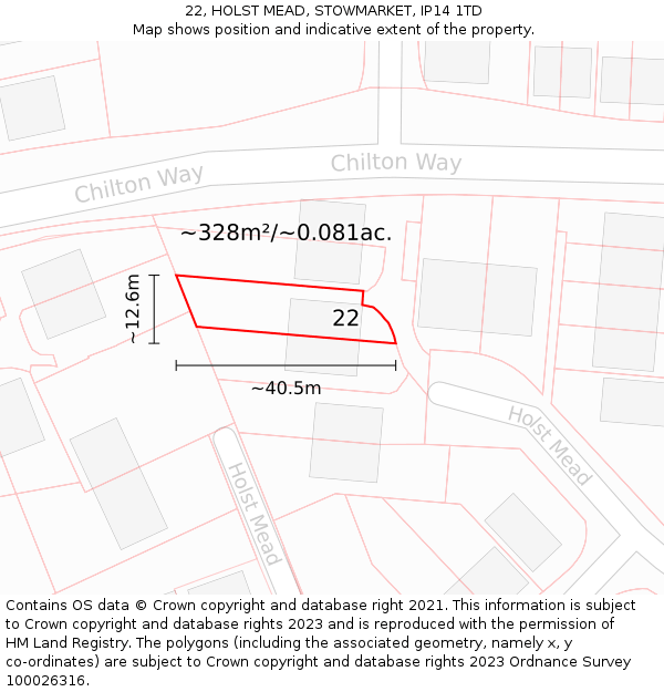 22, HOLST MEAD, STOWMARKET, IP14 1TD: Plot and title map