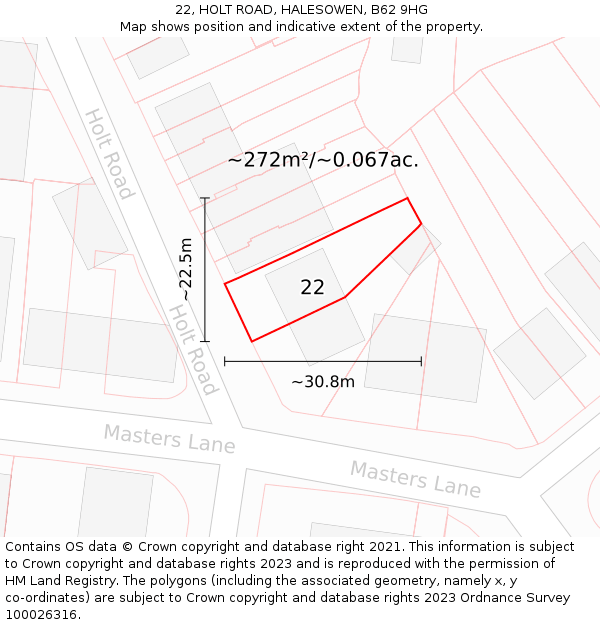 22, HOLT ROAD, HALESOWEN, B62 9HG: Plot and title map