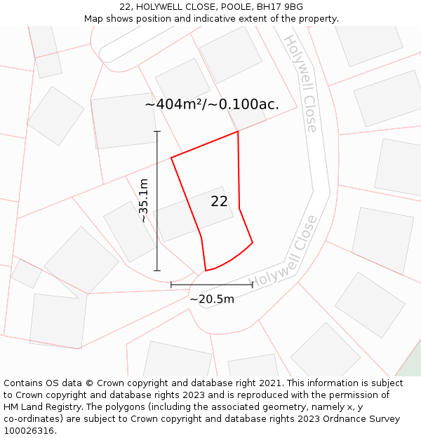 22, HOLYWELL CLOSE, POOLE, BH17 9BG: Plot and title map