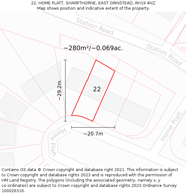 22, HOME PLATT, SHARPTHORNE, EAST GRINSTEAD, RH19 4NZ: Plot and title map