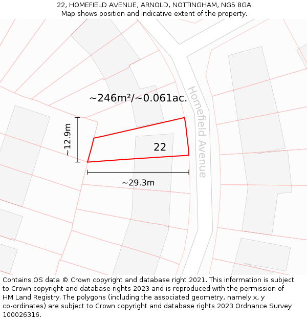 22, HOMEFIELD AVENUE, ARNOLD, NOTTINGHAM, NG5 8GA: Plot and title map