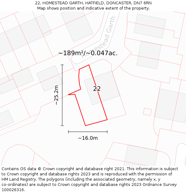 22, HOMESTEAD GARTH, HATFIELD, DONCASTER, DN7 6RN: Plot and title map