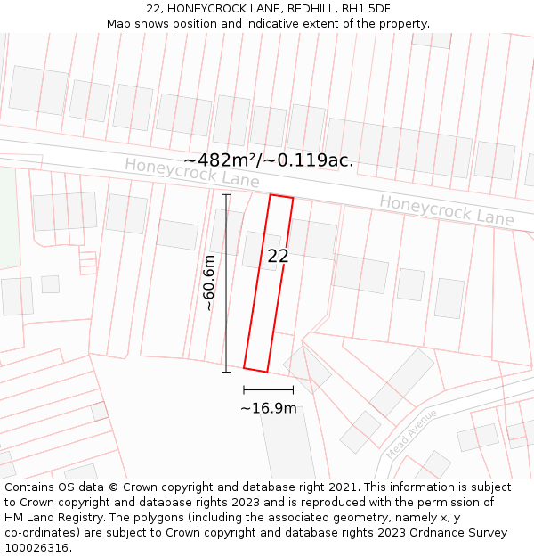 22, HONEYCROCK LANE, REDHILL, RH1 5DF: Plot and title map