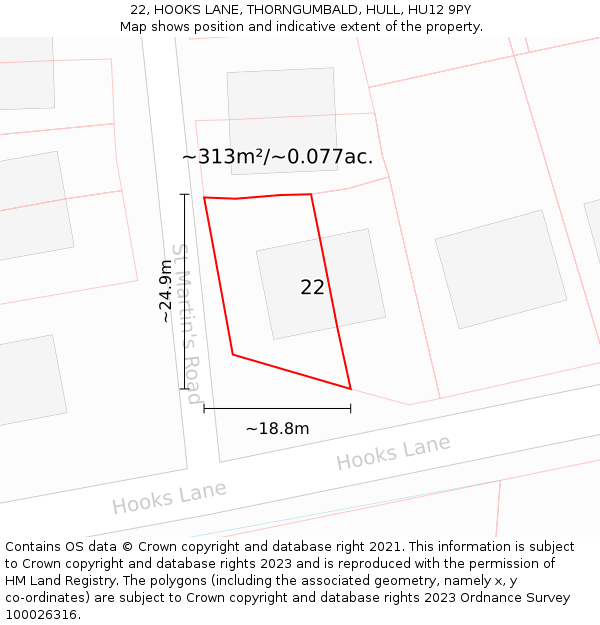 22, HOOKS LANE, THORNGUMBALD, HULL, HU12 9PY: Plot and title map