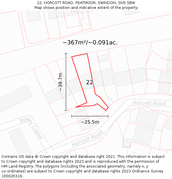 22, HORCOTT ROAD, PEATMOOR, SWINDON, SN5 5BW: Plot and title map