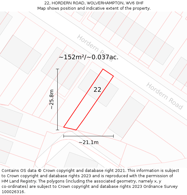 22, HORDERN ROAD, WOLVERHAMPTON, WV6 0HF: Plot and title map