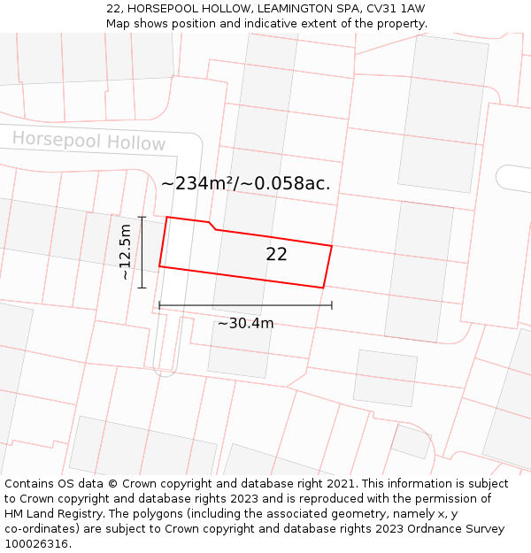 22, HORSEPOOL HOLLOW, LEAMINGTON SPA, CV31 1AW: Plot and title map