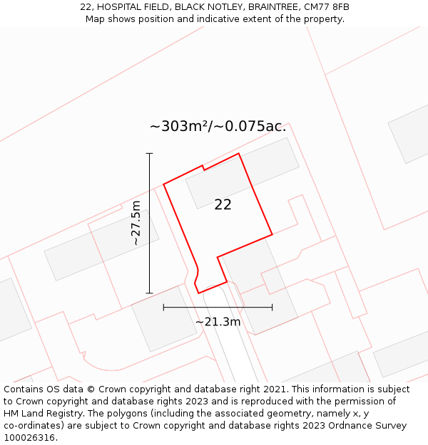 22, HOSPITAL FIELD, BLACK NOTLEY, BRAINTREE, CM77 8FB: Plot and title map